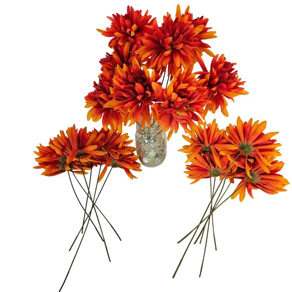 Artificial Silk Fall Mum Flowers 16 Orange Red Stems Autumn Floral Wreath Craft